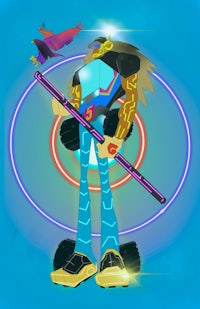 a cartoon character holding a bat and a sword