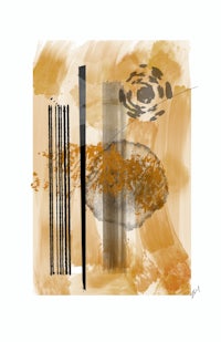 an abstract painting with a brown background